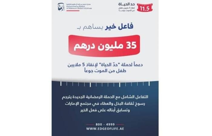الامارات الان | فاعل خير يتبرع بـ35 مليون درهم لـ«حدّ الحياة» لإنقاذ 5 ملايين طفل من الموت جوعاً | عيون الجزيرة الامارات